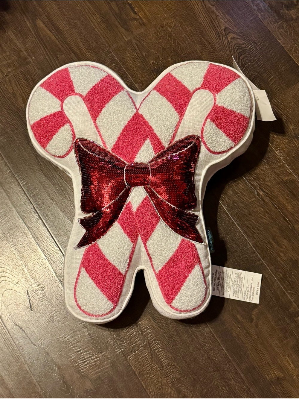 Cynthia Rowley Red and White Candy Cane Pillow with Sequin Bow